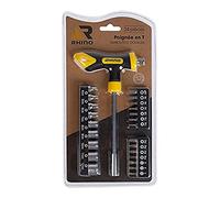 Rhino T-Handle Screwdriver - Bit Holder and Socket Holder - 9 x 1/4 Inch Steel (Chrome Vanadium) + 24 x 25 mm S2 Steel Screwdriver Bits
