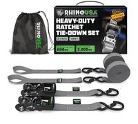 Rhino USA Heavy Duty Ratchet Tie Down Straps (2-Pack) - 4cm x 2.4m, 2,000kg | 2,000kg (5,000lb) Manual Ratchet with S Hooks & Soft Loops. For Trucks, ATV, UTV, Motorcycle & Cargo. Grey