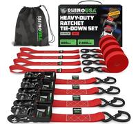 Rhino USA Heavy Duty Ratchet Tie Down Straps (4-Pack) - 4cm x 2.4m, 2,000kg | 2,000kg (5,000lb) Manual Ratchet with S Hooks & Soft Loops. For Trucks, ATV, UTV, Motorcycle & Cargo. Red