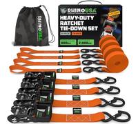 Rhino USA Heavy Duty Ratchet Tie Down Straps (4-Pack) - 4cm x 2.4m, 2,000kg | 2,000kg (5,000lb) Manual Ratchet with S Hooks & Soft Loops. For Trucks, ATV, UTV, Motorcycle & Cargo. Orange
