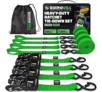 Rhino USA Heavy Duty Ratchet Tie Down Straps (4-Pack) - 4cm x 2.4m, 2,000kg | 2,000kg (5,000lb) Manual Ratchet with S Hooks & Soft Loops. For Trucks, ATV, UTV, Motorcycle & Cargo. Green