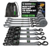 Rhino USA Heavy Duty Ratchet Tie Down Straps (4-Pack) - 4cm x 2.4m, 2,000kg | 2,000kg (5,000lb) Manual Ratchet with S Hooks & Soft Loops. For Trucks, ATV, UTV, Motorcycle & Cargo. Grey