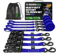 Rhino USA Heavy Duty Ratchet Tie Down Straps (4-Pack) - 4cm x 2.4m, 2,000kg | 2,000kg (5,000lb) Manual Ratchet with S Hooks & Soft Loops. For Trucks, ATV, UTV, Motorcycle & Cargo. Blue
