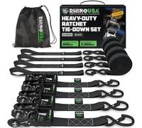 Rhino USA Heavy Duty Ratchet Tie Down Straps (4-Pack) - 4cm x 2.4m, 2,000kg | 2,000kg (5,000lb) Manual Ratchet with S Hooks & Soft Loops. For Trucks, ATV, UTV, Motorcycle & Cargo. Black
