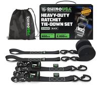 Rhino USA Ratchet Straps Heavy Duty Kit (2-Pack) - 4cm x 2.4m (2,000kg Break Strength) - Ultimate Tie Down Straps with Safety S Hooks for Trucks, ATV, UTV, Motorcycle, Cargo & More - Black