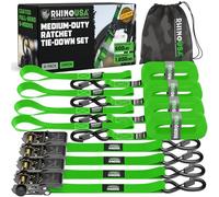 Rhino USA Ratchet Straps Tie Downs (4-Pack) - 2.5cm x 4.6m (800kg Break Strength) - Ultimate Tie Down Straps with Safety S Hooks - Premium Straps for Trucks, Cargo, Moving, Appliances - Green