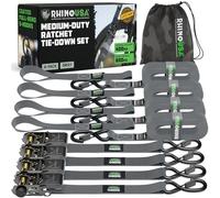 Rhino USA Ratchet Straps Tie Downs (4-Pack) - 2.5cm x 4.6m (800kg Break Strength) - Ultimate Tie Down Straps with Safety S Hooks - Premium Straps for Trucks, Cargo, Moving, Appliances - Grey