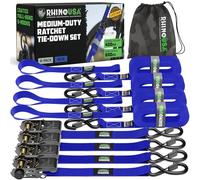 Rhino USA Ratchet Straps Tie Downs (4-Pack) - 2.5cm x 4.6m (800kg Break Strength) - Ultimate Tie Down Straps with Safety S Hooks - Premium Straps for Trucks, Cargo, Moving, Appliances - Blue