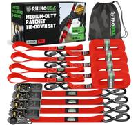 Rhino USA Ratchet Straps Tie Downs (4-Pack) - 2.5cm x 4.6m (800kg Break Strength) - Ultimate Tie Down Straps with Safety S Hooks - Premium Straps for Trucks, Cargo, Moving, Appliances - Red