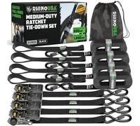 Rhino USA Ratchet Straps Tie Downs (4-Pack) - 2.5cm x 460cm (800kg Break Strength) - Ultimate Tie Down Straps with Safety S Hooks - Premium for Trucks, Cargo, Moving, Appliances - Black