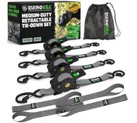 Rhino USA Retractable Ratchet Straps (4-Pack) - 2.5cm x 3m (540kg Break Strength) - Heavy Duty Auto Self-Retracting Tie Down Straps for Truck, Cargo Trailer, Motorcycle, Bike & More - Grey