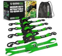 Rhino USA Retractable Ratchet Tie Down Straps (4PK) - 540kg Guaranteed Max Break Strength, Includes (4) Ultimate 2.5 cm x 3 m Autoretract Tie Downs with Padded Handles - Green
