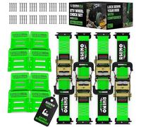 Rhino USA Wheel Chock Tie Down Kit (4,500lb Break Strength) (4) Heavy Duty Trailer Tire Ratchet Straps (8) Wheel Chocks - E Track System for ATV, UTV, Lawn Mower, Four Wheeler - Green