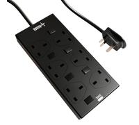 rhinocables 6 Gang Individually Switched Mains Extension Lead Cable, Surge Protected Power Strip Extender with 6 Sockets and Cord, 13 Amp Trailing Socket for Dual 3 Pin UK Plug (Black, 10m)