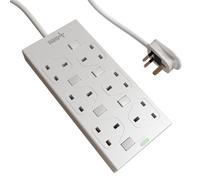 rhinocables 6 Gang Individually Switched Mains Extension Lead Cable, Surge Protected Power Strip Extender with 6 Sockets and Cord, 13 Amp Trailing Socket for Dual 3 Pin UK Plug (White, 5m)
