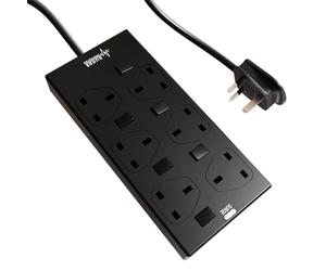 rhinocables 6 Gang Individually Switched Mains Extension Lead Cable, Surge Protected Power Strip Extender with 6 Sockets and Cord, 13 Amp Trailing Socket for Dual 3 Pin UK Plug (Black, 3m)