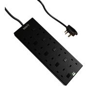 rhinocables 8 Gang Individually Switched Mains Extension Lead Cable, Surge Protected Power Strip Extender with 8 Sockets and Cord, 13 Amp Trailing Socket for Dual 3 Pin UK Plug (Black, 10m)