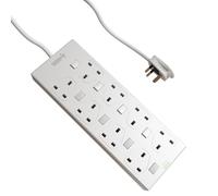 rhinocables 8 Gang Individually Switched Mains Extension Lead Cable, Surge Protected Power Strip Extender with 8 Sockets and Cord, 13 Amp Trailing Socket for Dual 3 Pin UK Plug (White, 5m)