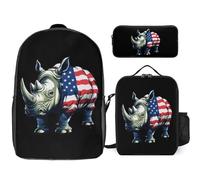 Rhinoceros 4th of July Rhino 3 Pieces Set Laptop Backpack Casual Daypack with Lunch Box Pencil Case for Travel