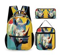 Rhinoceros Backpack with Lunch Box Pencil Case for Kids Age 8, Animal Print School Backpack 3 Piece Set Year 1-2 for Boys Outdoor Learning Family Trips and Weekend Adventures