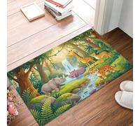 Rhinoceros Hippopotamus Giraffe Washable Entryway Rug - Green Soft Rainforest Animals Bathroom Rug Non-Slip Front Door Mat Indoor Entrance Thin 45 x 75 cm Accent Throw Rugs for Kitchen Bedside
