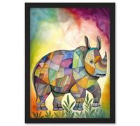 Rhinoceros Pastel Colour Portrait Folk Art Artwork Framed Wall Art Print A4 Artery8 Black One Size