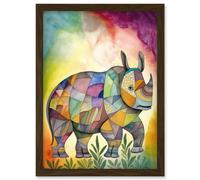Rhinoceros Pastel Colour Portrait Folk Art Artwork Framed Wall Art Print A4 Artery8 Brown One Size