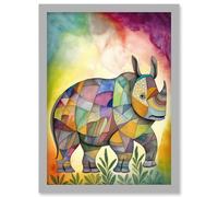 Rhinoceros Pastel Colour Portrait Folk Art Artwork Framed Wall Art Print A4 Artery8 Light Grey One Size