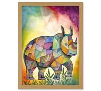 Rhinoceros Pastel Colour Portrait Folk Art Artwork Framed Wall Art Print A4 Artery8 Light Oak One Size