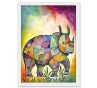 Rhinoceros Pastel Colour Portrait Folk Art Artwork Framed Wall Art Print A4 Artery8 White One Size