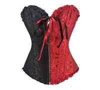 RHISLEO Women Black Red Bustier Burlesque Basque Rouge Zip Lace Up Boned Corset Top (Floral Black Red (Zip up), 8)