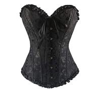 RHISLEO Women Lace Up Floral Burlesque Basque Bustier Shaper Overbust Boned Corset Top (Floral Black Top, 14)
