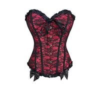 RHISLEO Women Lace Up Floral Lace Red Burlesque Basque Bustier Shaper Overbust Boned Corset Top (Floral Lace Red, 16-18)