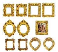 RhiVrillion Mini Picture Frame Vintage Miniature Pack of 10 Gold Metallic Look Baroque Style 5 Shapes 1.6-2.2 Inch Picture Frame Set Rubber Frame Small Picture Frame for Mini Museum DIY Scrapbooking