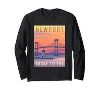 Rhode Island Newport Bridge and Harbor Skyline Retro Travel Long Sleeve T-Shirt