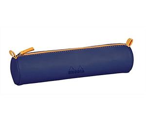 RHODIA 319008C - Rhodiarama Round Pencil Case Midnight Blue - 21.5 x 5.5 cm - Genuine Orange Stitching - Ivory Jersey Interior - Faux Leather - Storage for Pens, Pencils, Markers, Small Supplies