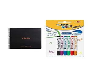 Rhodia Wirebound Notebook, A4+, Dot - Black + BIC Kids Mini Velleda Whiteboard Markers Pens - Pack of 6 - Assorted Colours - Fine Bullet Nib Dry Wipe Markers