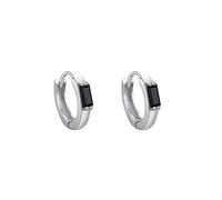 Rhodium on Sterling Silver Baguette Cut Black CZ Small Huggie Hoop Hinged Earrings 7mm Unisex