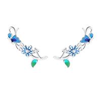 Rhodium on Sterling Silver CZ Flower Blue Enamel Butterfly Cuff Climber Crawler Earrings