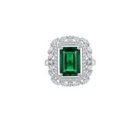 Rhodium-Plated American Diamond Green Stone Cocktail Ring | Adjustable Closure, Rectangular Cut Stone, Double Halo Design, Bold Statement Look