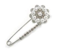 Rhodium Plated Caviar Set Simulated Pearl and Diamante Safety Pin Brooch - 7cm Length