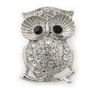Rhodium Plated Crystal 'Owl' Brooch - 3.5cm Length