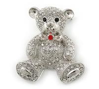 Rhodium Plated Crystal Teddy Bear With Bow&Heart Brooch - 45mm Across