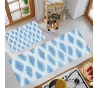 Rhombus Geometry Kitchen Rugs Non Skid Washable Mats Set of 2 PCS, Wavy Lines Absorbent Runner Rugs for Kitchen, Front of Sink,Sink Laundry, 40x60cm+40x120cm Light Blue