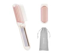 RHOS Folding Brush with Mirror for Women, Girls - Mini Hair Brush with Soft Nylon Bristles for Purse and Travel (Beige)