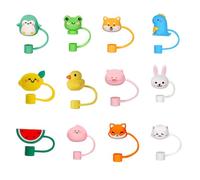RHQFDM 12 Piece Cute Animal Shape Silicone Straw Head Cover,Cartoon Straw Dust Cover,Reusable Straw Cover,Straw Decoration Covers Cap for Stanley Cup for Straws 6-8mm Diameter