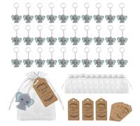 RHQFDM 30 Pieces Guest Gifts Christening Elephant Keychain PVC Elephant Pendant Set Blue Elephant Kids Keychain with Organza Bag and Kraft Paper Thank You Tag