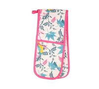 RHS - Oven Gloves, Insulated and Heat Resistant, Double Oven Glove Mitts, Organic Cotton, Stone with Botanical Bird Design