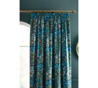 RHS 'Garden Walk' Soft Touch Polyester Velour Pencil Pleat Curtains in Blue | Size: 117 cm width x 183 cm drop RHS Blue 117 cm width x 183 cm drop