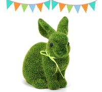 Rhsemi Artificial Decoration Easter Bunny, Decorative Rabbit with Fur in Moss Look, Ribbon with Bow Tie, Flocked Rabbit, Animal Model, Easter Decoration, Figures, Table Decoration (Green)